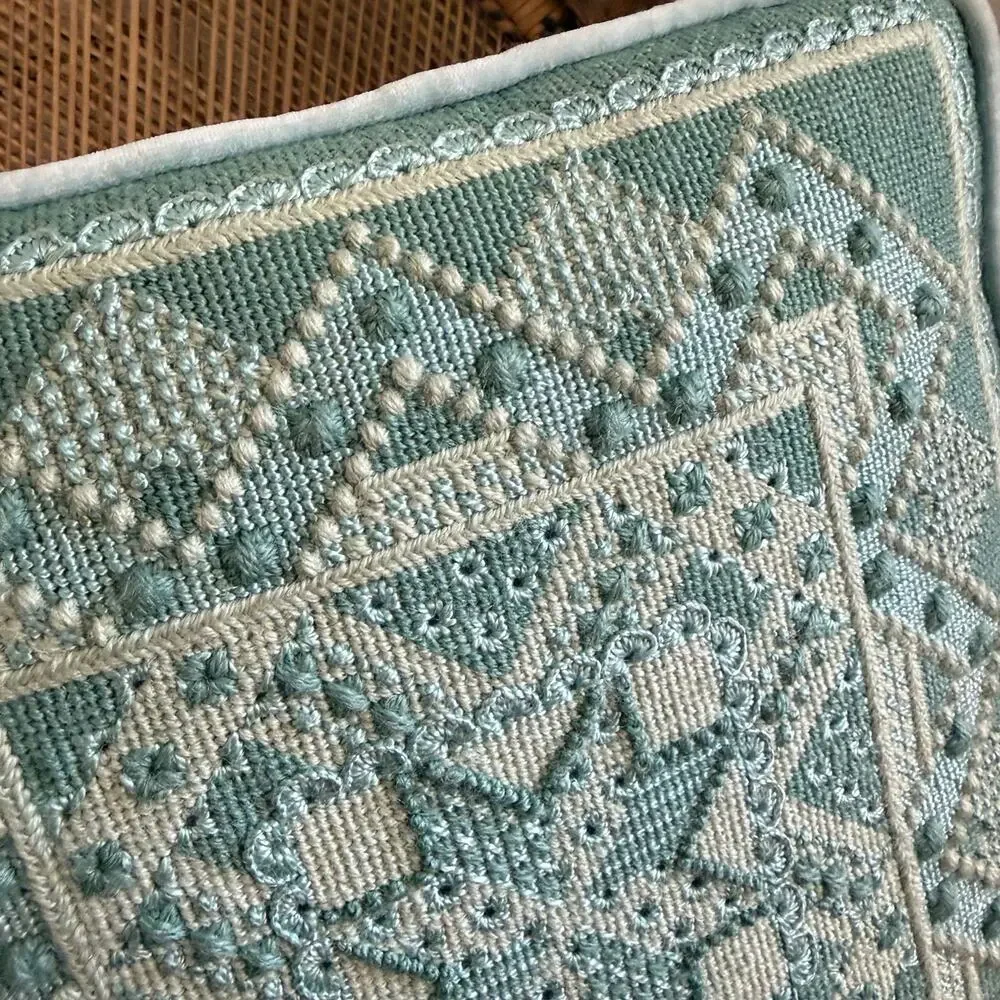 Vintage Hardanger Embroidery pillow blue decorative pillow 13x13 in